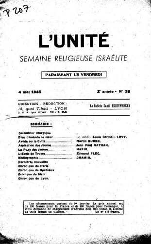 L'Unité : Semaine religieuse israélite. 2ème Année N° 18 (4 mai 1945)